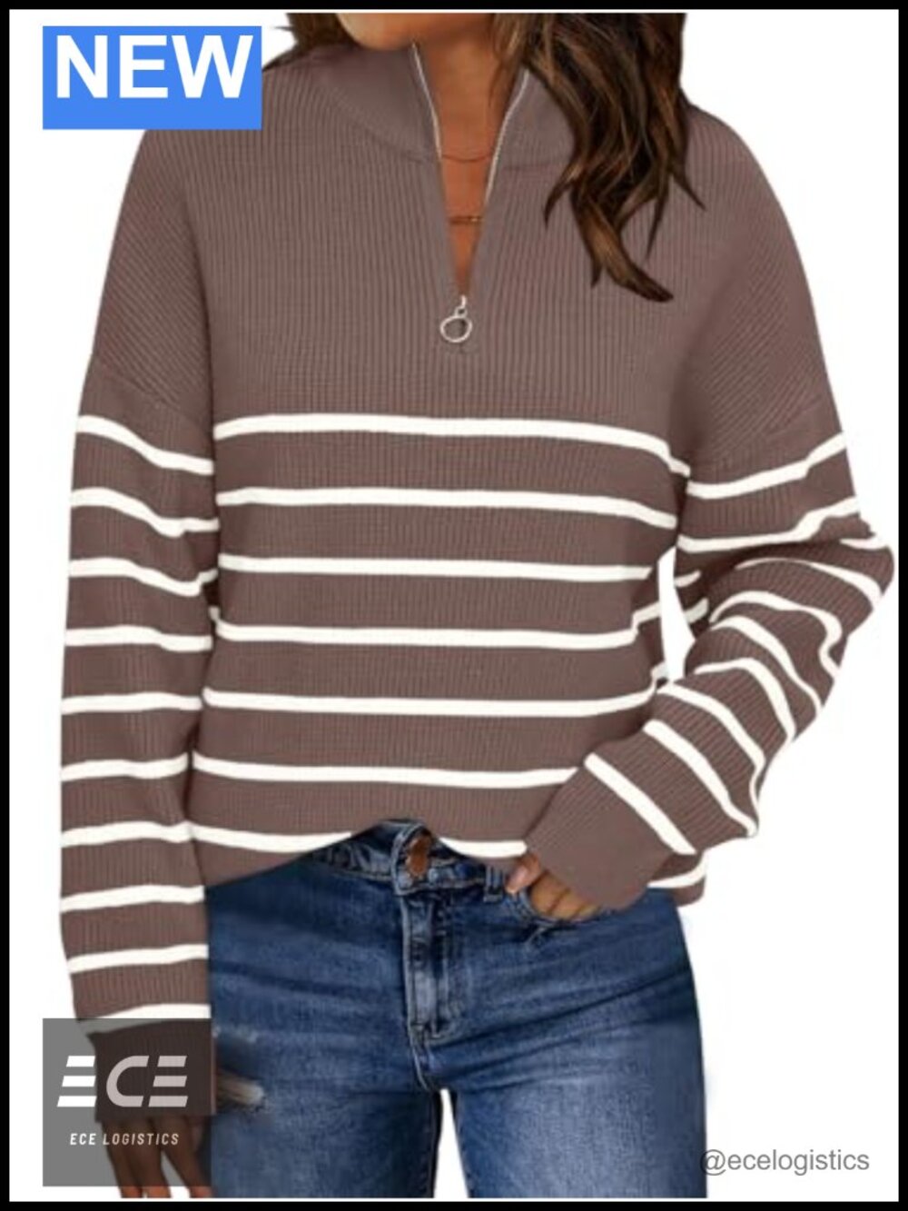 Quarter Zip Striped Oversized Ribbed Knit Pullover Sweater